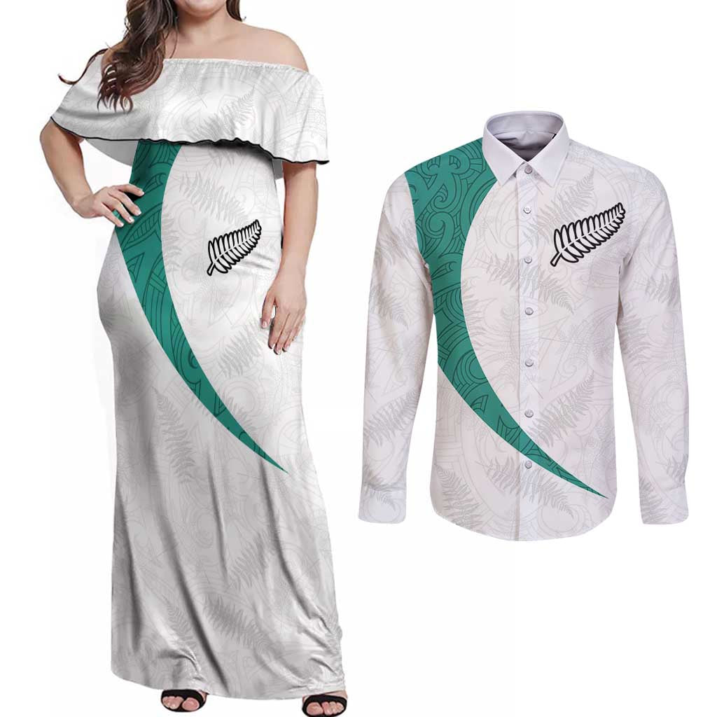 Custom New Zealand Football Couples Matching Off Shoulder Maxi Dress and Long Sleeve Button Shirt Go All Silver Ferns - Towards World Cup 2026 LT03 White - Polynesian Pride