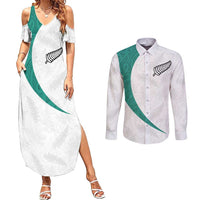 Custom New Zealand Football Couples Matching Summer Maxi Dress and Long Sleeve Button Shirt Go All Silver Ferns - Towards World Cup 2026 LT03 White - Polynesian Pride