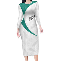 Custom New Zealand Football Family Matching Long Sleeve Bodycon Dress and Hawaiian Shirt Go All Silver Ferns - Towards World Cup 2026 LT03 Mom's Dress White - Polynesian Pride