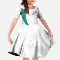 Custom New Zealand Football Family Matching Puletasi and Hawaiian Shirt Go All Silver Ferns - Towards World Cup 2026 LT03 Daughter's Dress White - Polynesian Pride