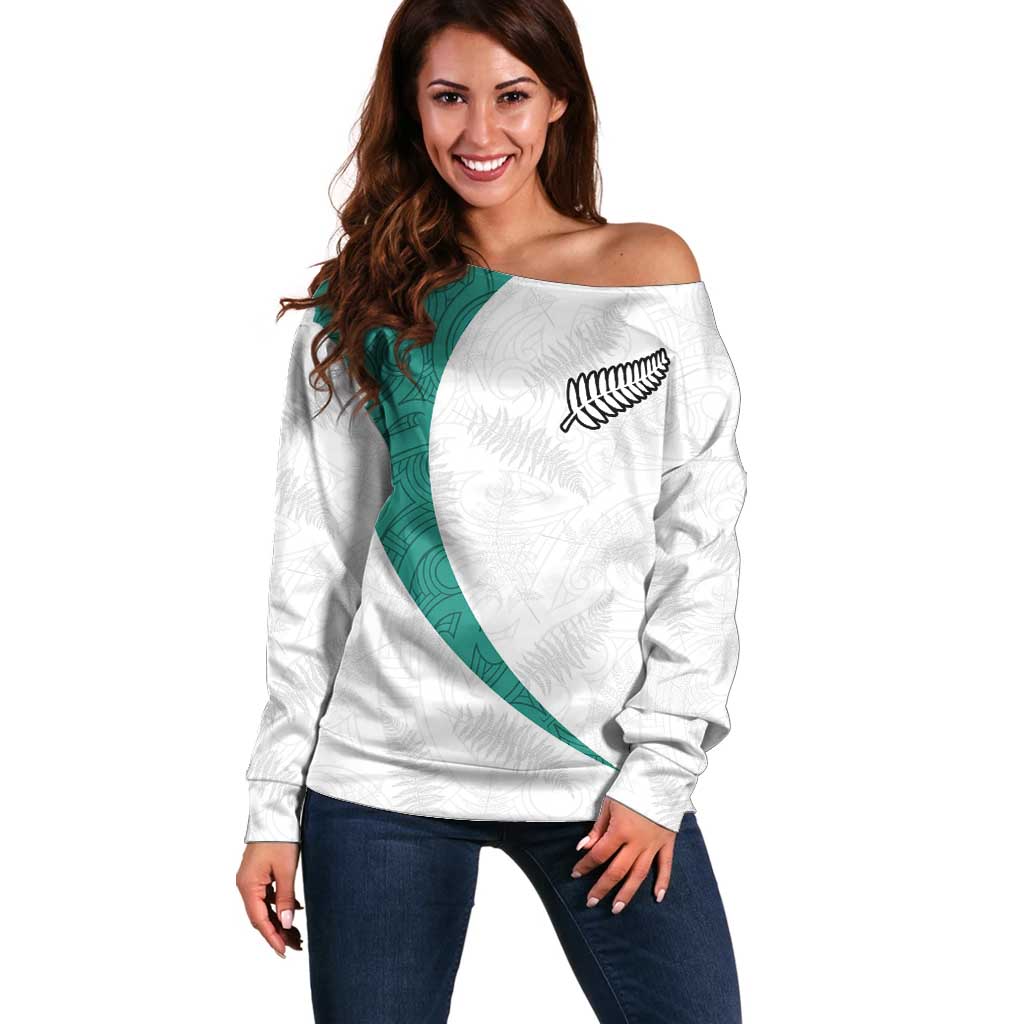 Custom New Zealand Football Off Shoulder Sweater Go All Silver Ferns - Towards World Cup 2026 LT03 Women White - Polynesian Pride
