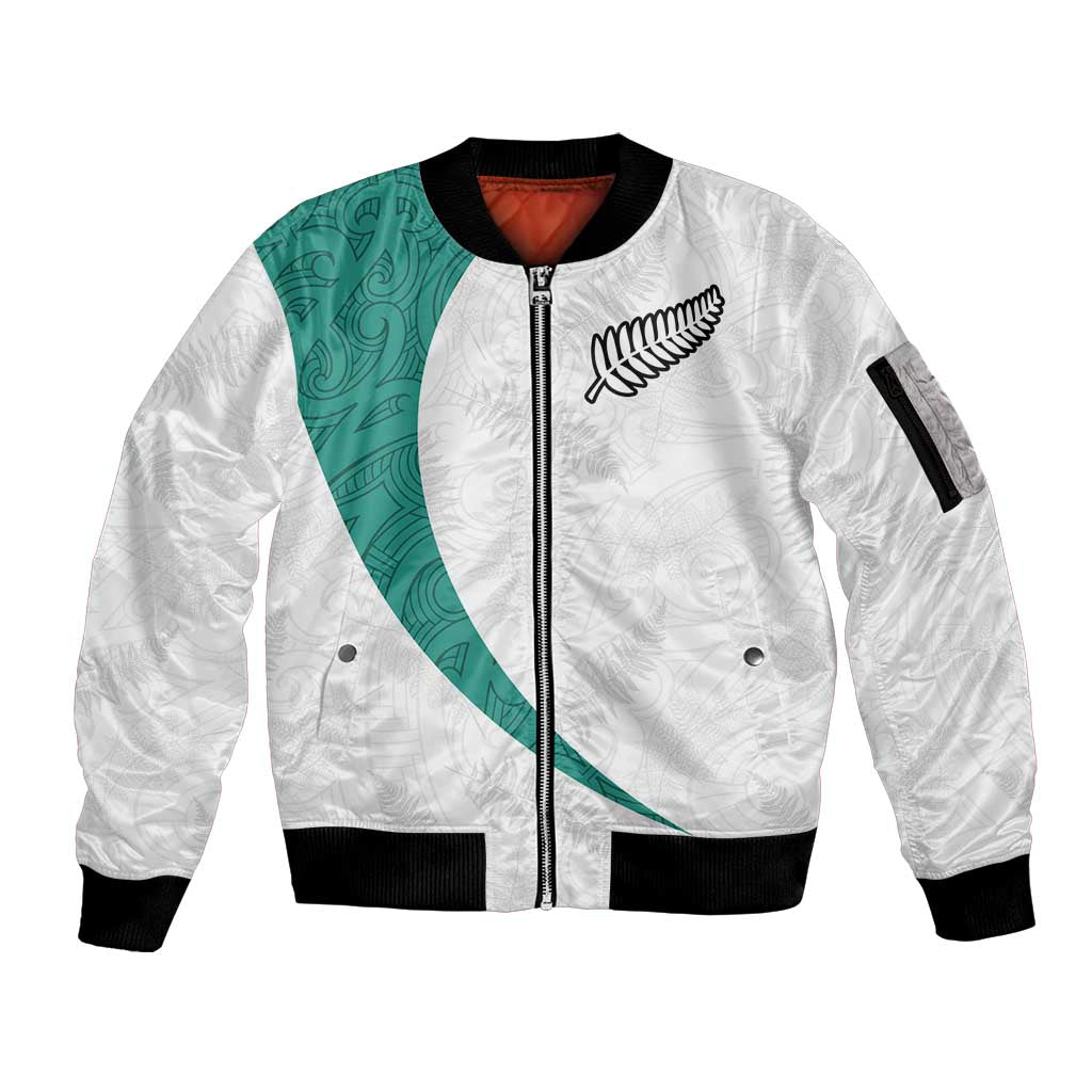 Custom New Zealand Football Sleeve Zip Bomber Jacket Go All Silver Ferns - Towards World Cup 2026 LT03 Unisex White - Polynesian Pride