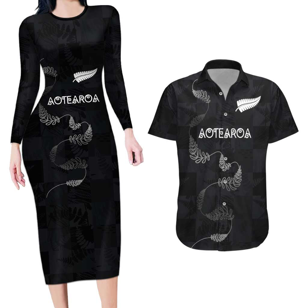 Custom New Zealand Rugby Couples Matching Long Sleeve Bodycon Dress and Hawaiian Shirt All Silver Ferns Blacks LT03 Black - Polynesian Pride