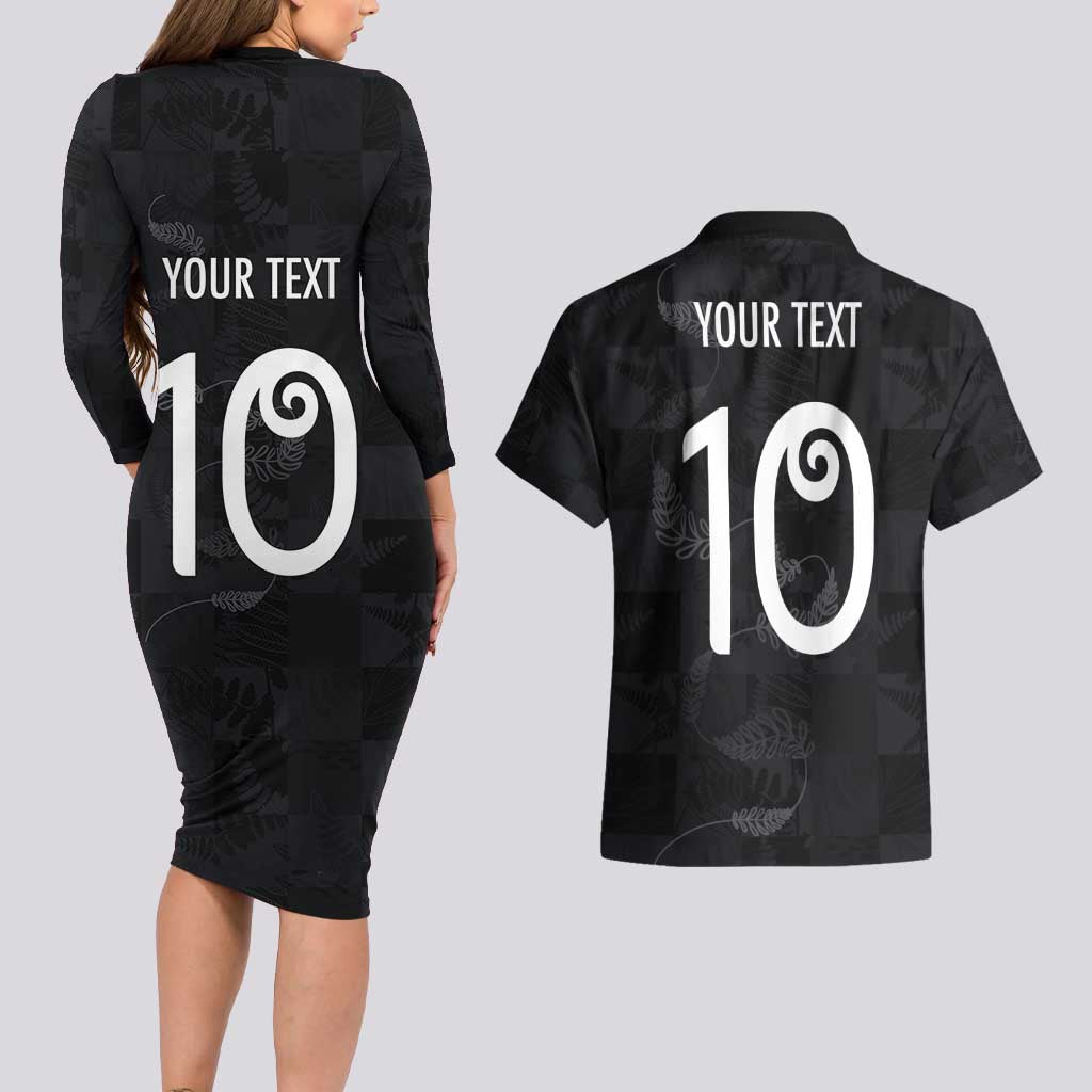 Custom New Zealand Rugby Couples Matching Long Sleeve Bodycon Dress and Hawaiian Shirt All Silver Ferns Blacks LT03 - Polynesian Pride