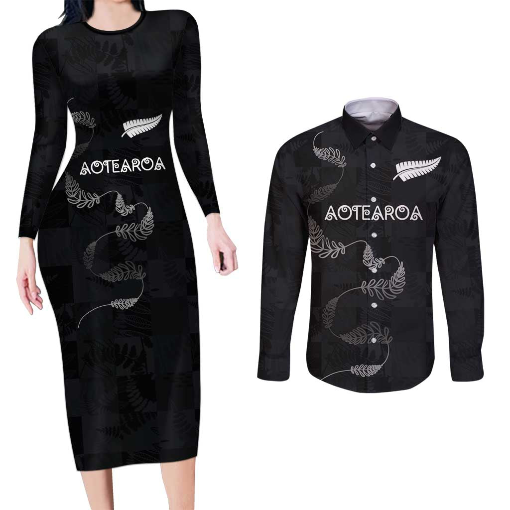 Custom New Zealand Rugby Couples Matching Long Sleeve Bodycon Dress and Long Sleeve Button Shirt All Silver Ferns Blacks LT03 Black - Polynesian Pride