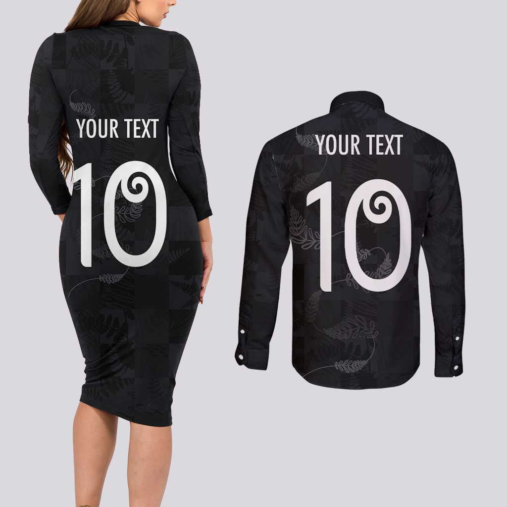 Custom New Zealand Rugby Couples Matching Long Sleeve Bodycon Dress and Long Sleeve Button Shirt All Silver Ferns Blacks LT03 - Polynesian Pride