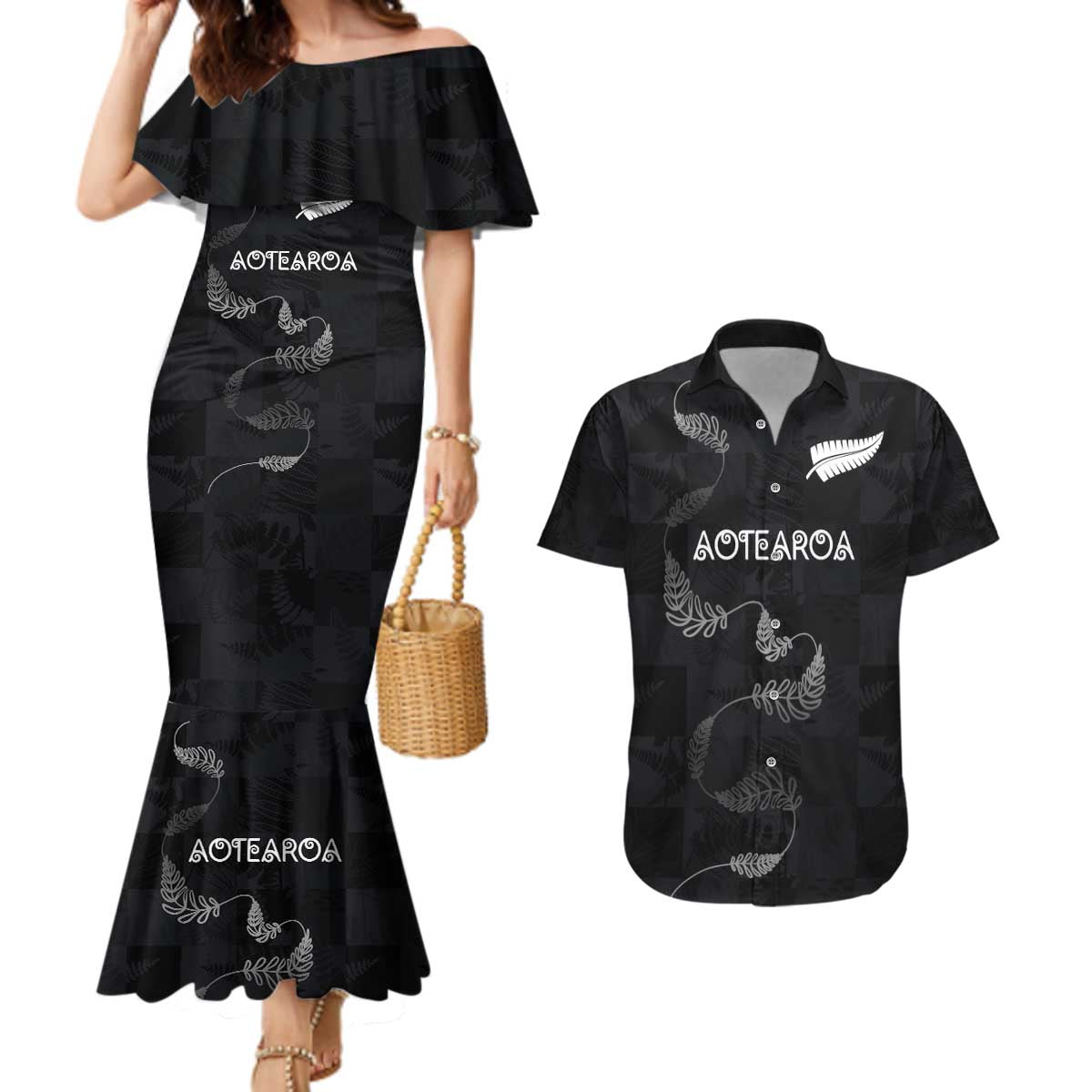 Custom New Zealand Rugby Couples Matching Mermaid Dress and Hawaiian Shirt All Silver Ferns Blacks LT03 Black - Polynesian Pride