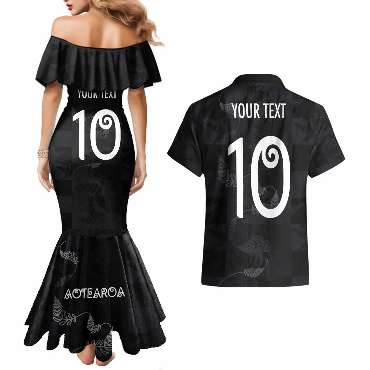 Custom New Zealand Rugby Couples Matching Mermaid Dress and Hawaiian Shirt All Silver Ferns Blacks LT03 - Polynesian Pride