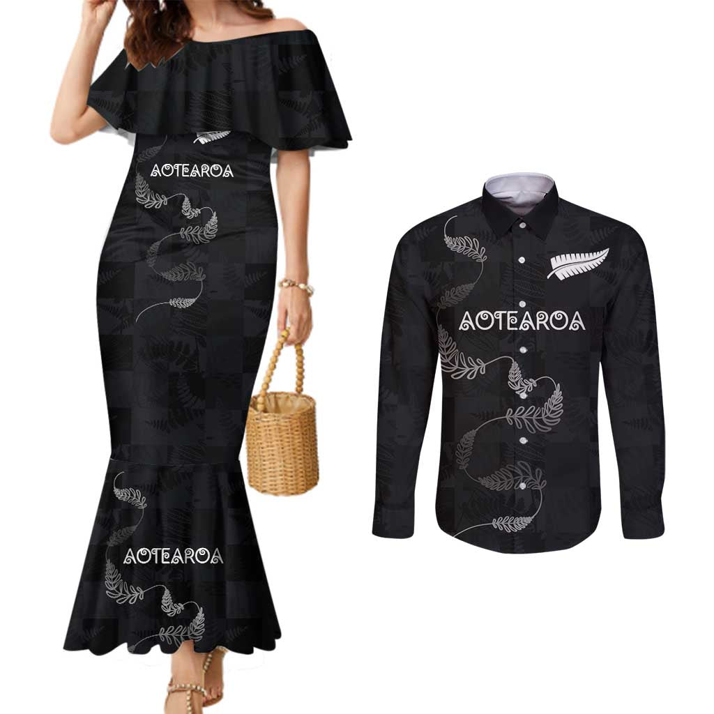 Custom New Zealand Rugby Couples Matching Mermaid Dress and Long Sleeve Button Shirt All Silver Ferns Blacks LT03 Black - Polynesian Pride