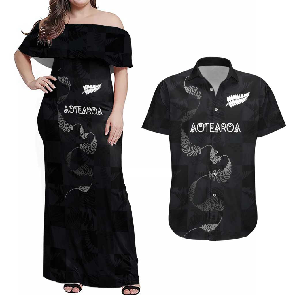 Custom New Zealand Rugby Couples Matching Off Shoulder Maxi Dress and Hawaiian Shirt All Silver Ferns Blacks LT03 Black - Polynesian Pride