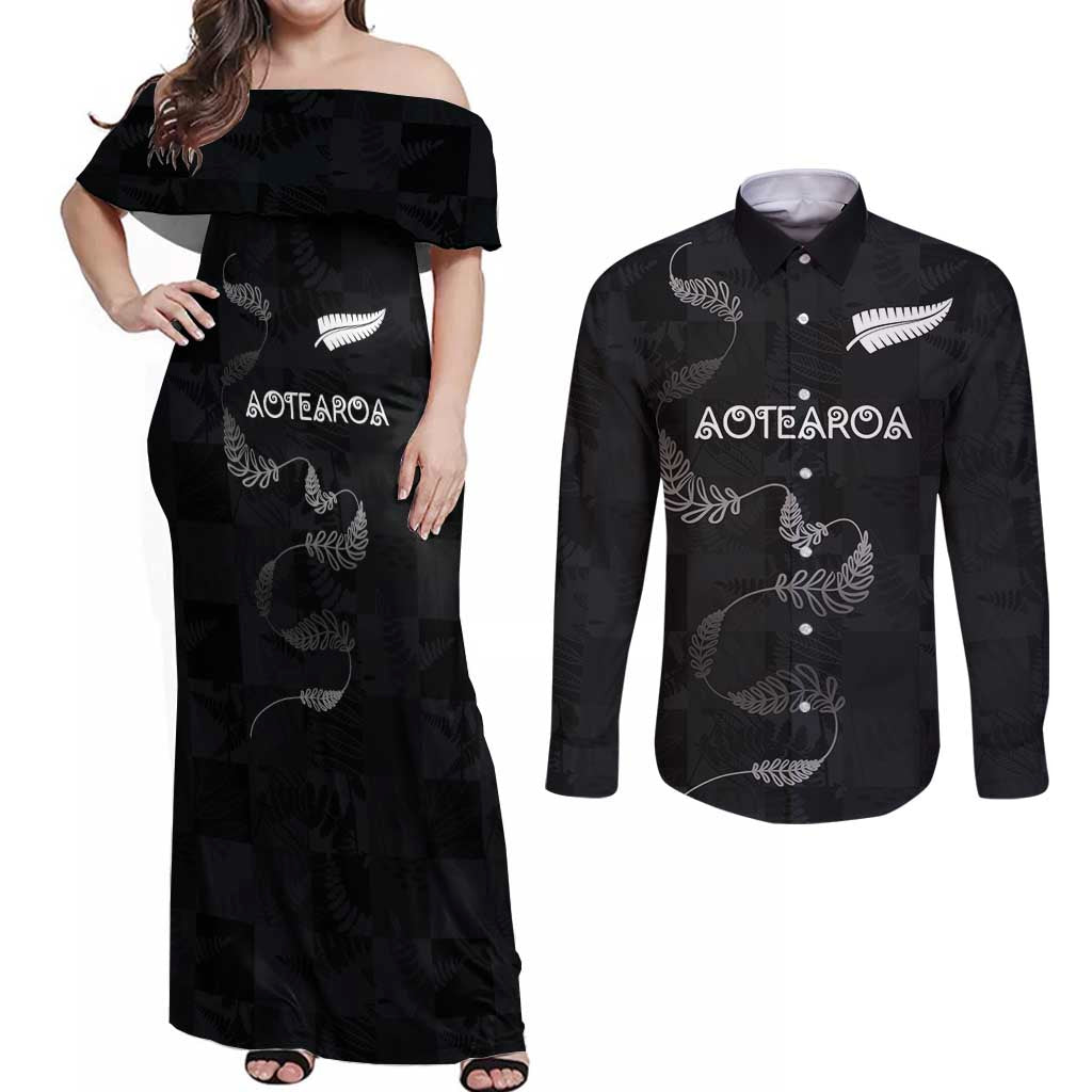 Custom New Zealand Rugby Couples Matching Off Shoulder Maxi Dress and Long Sleeve Button Shirt All Silver Ferns Blacks LT03 Black - Polynesian Pride
