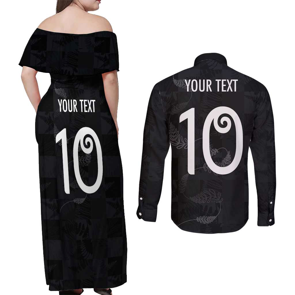 Custom New Zealand Rugby Couples Matching Off Shoulder Maxi Dress and Long Sleeve Button Shirt All Silver Ferns Blacks LT03 - Polynesian Pride
