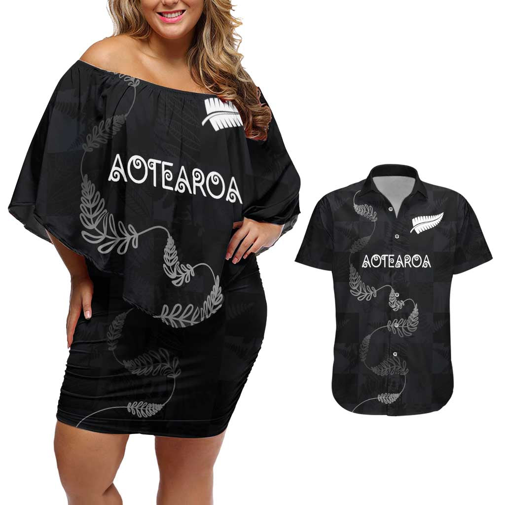Custom New Zealand Rugby Couples Matching Off Shoulder Short Dress and Hawaiian Shirt All Silver Ferns Blacks LT03 Black - Polynesian Pride
