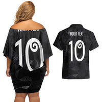 Custom New Zealand Rugby Couples Matching Off Shoulder Short Dress and Hawaiian Shirt All Silver Ferns Blacks LT03 - Polynesian Pride