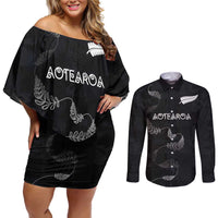 Custom New Zealand Rugby Couples Matching Off Shoulder Short Dress and Long Sleeve Button Shirt All Silver Ferns Blacks LT03 Black - Polynesian Pride