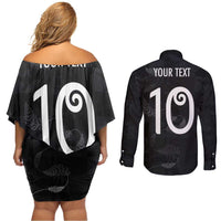 Custom New Zealand Rugby Couples Matching Off Shoulder Short Dress and Long Sleeve Button Shirt All Silver Ferns Blacks LT03 - Polynesian Pride