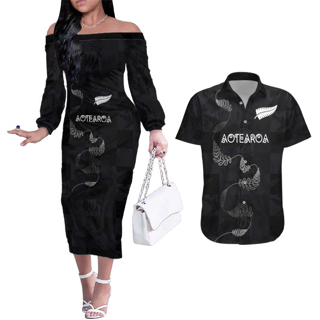 Custom New Zealand Rugby Couples Matching Off The Shoulder Long Sleeve Dress and Hawaiian Shirt All Silver Ferns Blacks LT03 Black - Polynesian Pride
