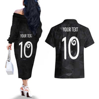 Custom New Zealand Rugby Couples Matching Off The Shoulder Long Sleeve Dress and Hawaiian Shirt All Silver Ferns Blacks LT03 - Polynesian Pride