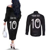 Custom New Zealand Rugby Couples Matching Off The Shoulder Long Sleeve Dress and Long Sleeve Button Shirt All Silver Ferns Blacks LT03 - Polynesian Pride