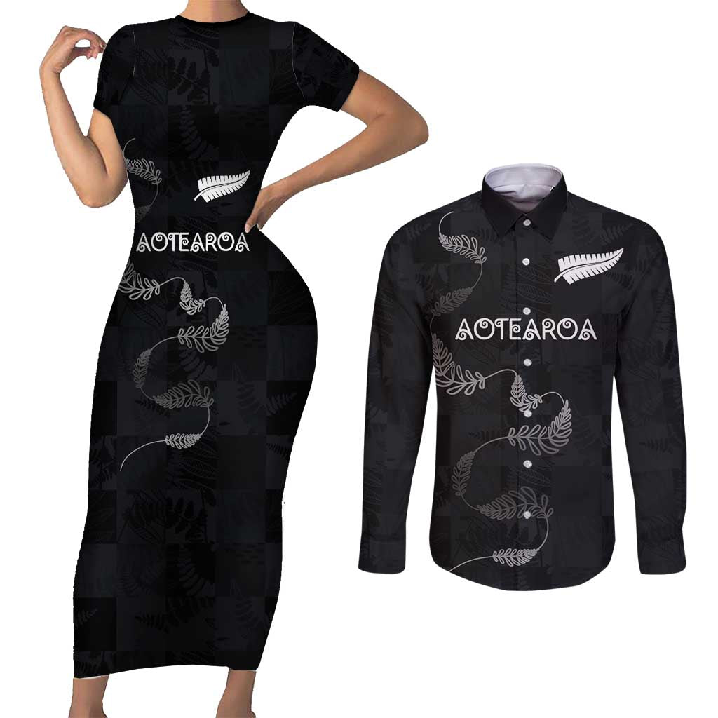 Custom New Zealand Rugby Couples Matching Short Sleeve Bodycon Dress and Long Sleeve Button Shirt All Silver Ferns Blacks LT03 Black - Polynesian Pride