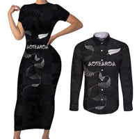 Custom New Zealand Rugby Couples Matching Short Sleeve Bodycon Dress and Long Sleeve Button Shirt All Silver Ferns Blacks LT03 Black - Polynesian Pride