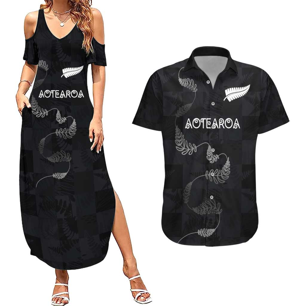 Custom New Zealand Rugby Couples Matching Summer Maxi Dress and Hawaiian Shirt All Silver Ferns Blacks LT03 Black - Polynesian Pride