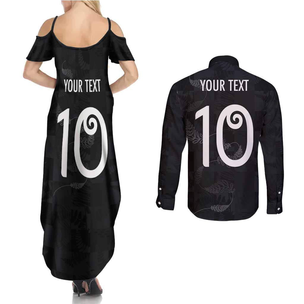 Custom New Zealand Rugby Couples Matching Summer Maxi Dress and Long Sleeve Button Shirt All Silver Ferns Blacks LT03 - Polynesian Pride