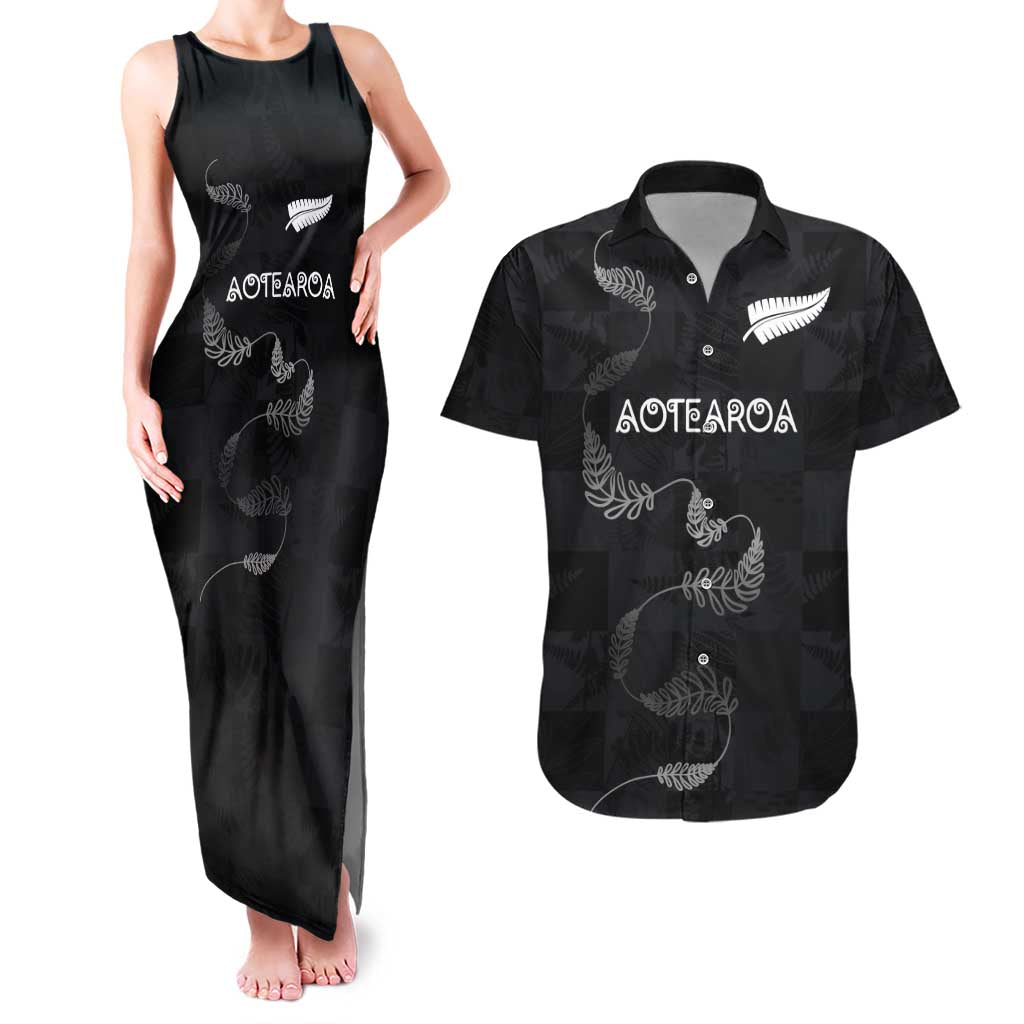 Custom New Zealand Rugby Couples Matching Tank Maxi Dress and Hawaiian Shirt All Silver Ferns Blacks LT03 Black - Polynesian Pride