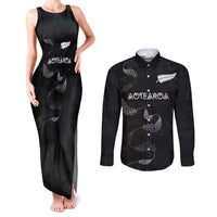 Custom New Zealand Rugby Couples Matching Tank Maxi Dress and Long Sleeve Button Shirt All Silver Ferns Blacks LT03 Black - Polynesian Pride