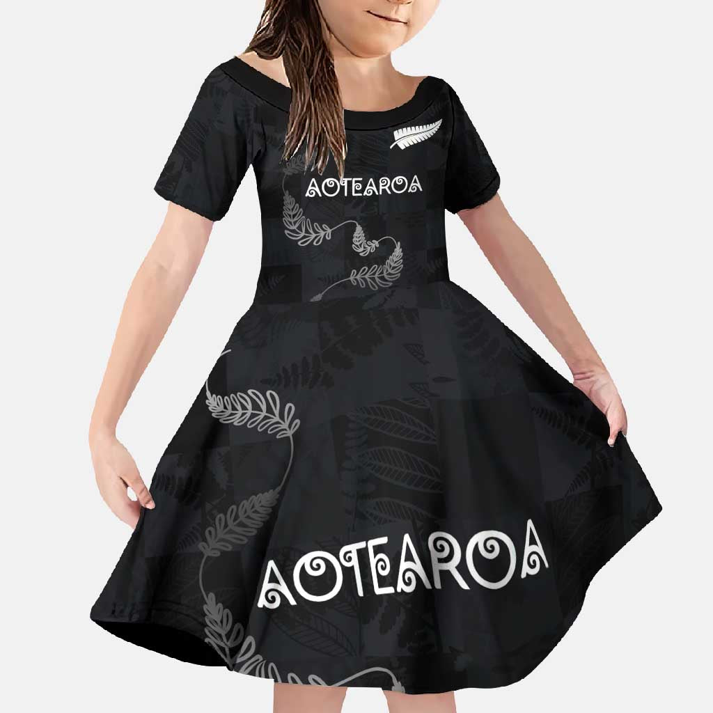 Custom New Zealand Rugby Family Matching Long Sleeve Bodycon Dress and Hawaiian Shirt All Silver Ferns Blacks LT03 Daughter's Dress Black - Polynesian Pride