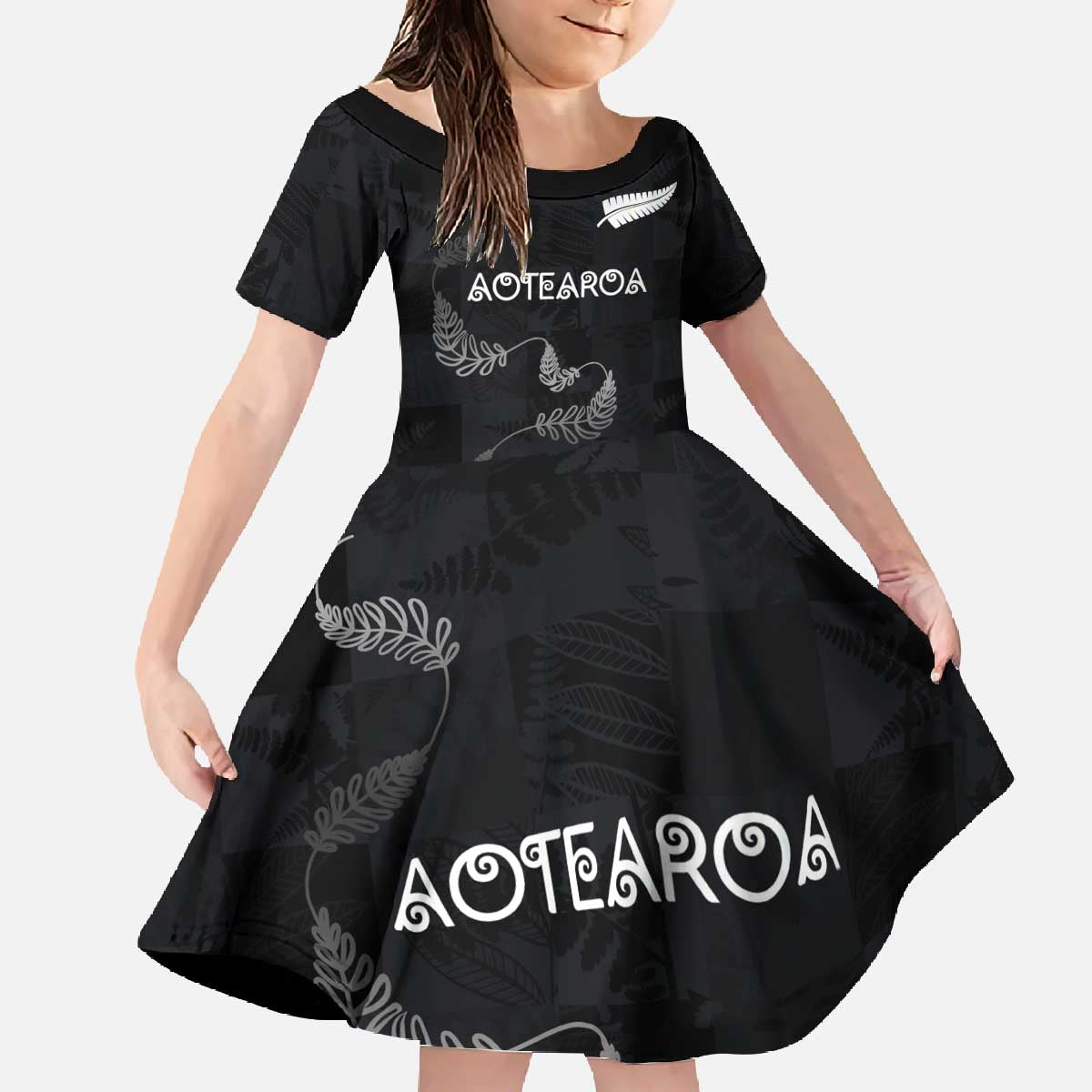 Custom New Zealand Rugby Family Matching Off The Shoulder Long Sleeve Dress and Hawaiian Shirt All Silver Ferns Blacks LT03 Daughter's Dress Black - Polynesian Pride
