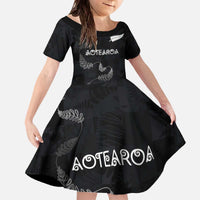 Custom New Zealand Rugby Family Matching Off The Shoulder Long Sleeve Dress and Hawaiian Shirt All Silver Ferns Blacks LT03 Daughter's Dress Black - Polynesian Pride