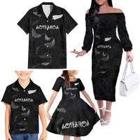 Custom New Zealand Rugby Family Matching Off The Shoulder Long Sleeve Dress and Hawaiian Shirt All Silver Ferns Blacks LT03 - Polynesian Pride
