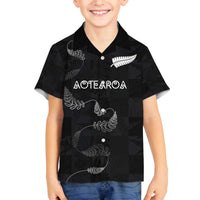 Custom New Zealand Rugby Family Matching Off The Shoulder Long Sleeve Dress and Hawaiian Shirt All Silver Ferns Blacks LT03 Son's Shirt Black - Polynesian Pride