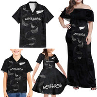 Custom New Zealand Rugby Family Matching Off Shoulder Maxi Dress and Hawaiian Shirt All Silver Ferns Blacks LT03 - Polynesian Pride