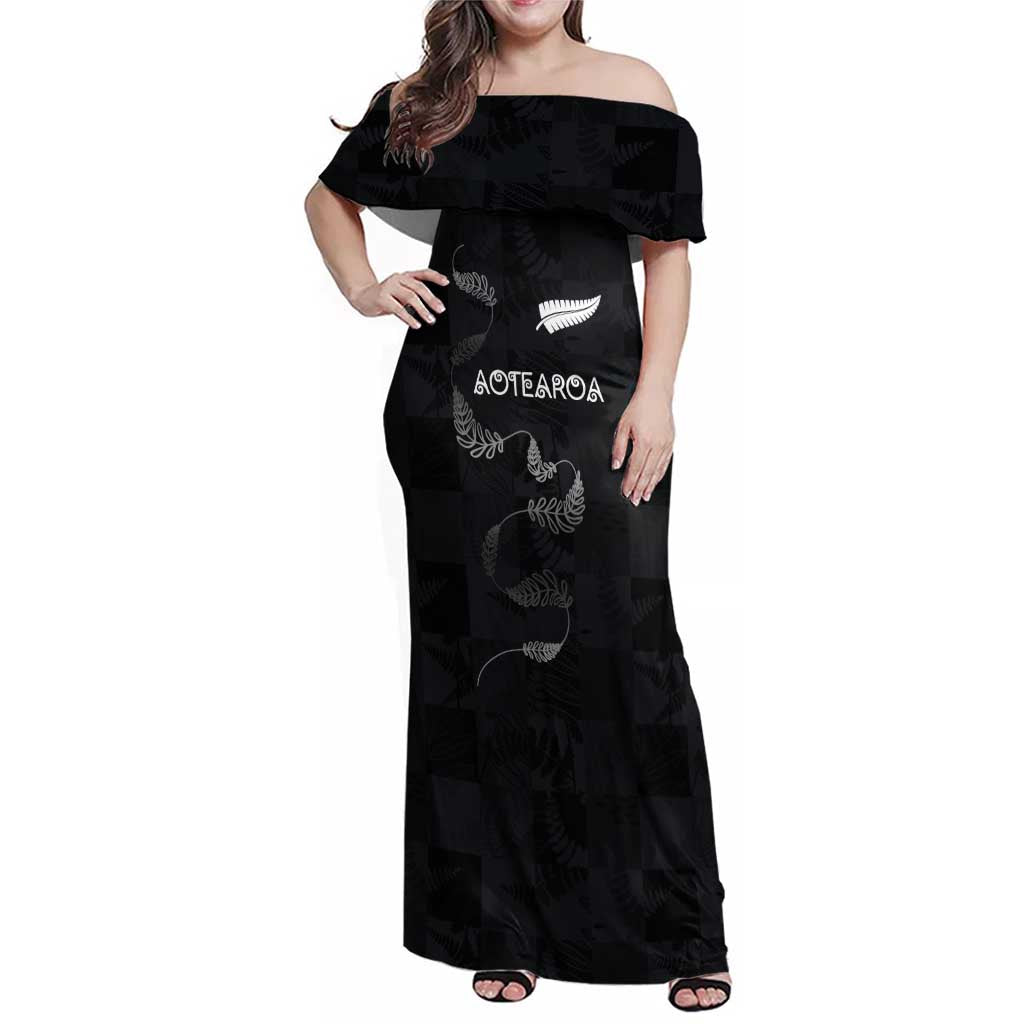 Custom New Zealand Rugby Family Matching Off Shoulder Maxi Dress and Hawaiian Shirt All Silver Ferns Blacks LT03 Mom's Dress Black - Polynesian Pride