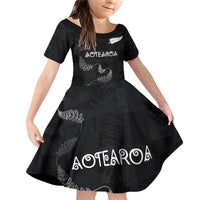 Custom New Zealand Rugby Family Matching Off Shoulder Short Dress and Hawaiian Shirt All Silver Ferns Blacks LT03 Daughter's Dress Black - Polynesian Pride