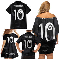 Custom New Zealand Rugby Family Matching Off Shoulder Short Dress and Hawaiian Shirt All Silver Ferns Blacks LT03 - Polynesian Pride