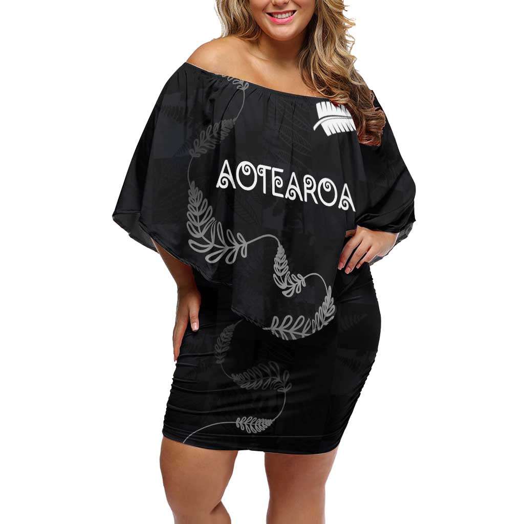 Custom New Zealand Rugby Family Matching Off Shoulder Short Dress and Hawaiian Shirt All Silver Ferns Blacks LT03 Mom's Dress Black - Polynesian Pride