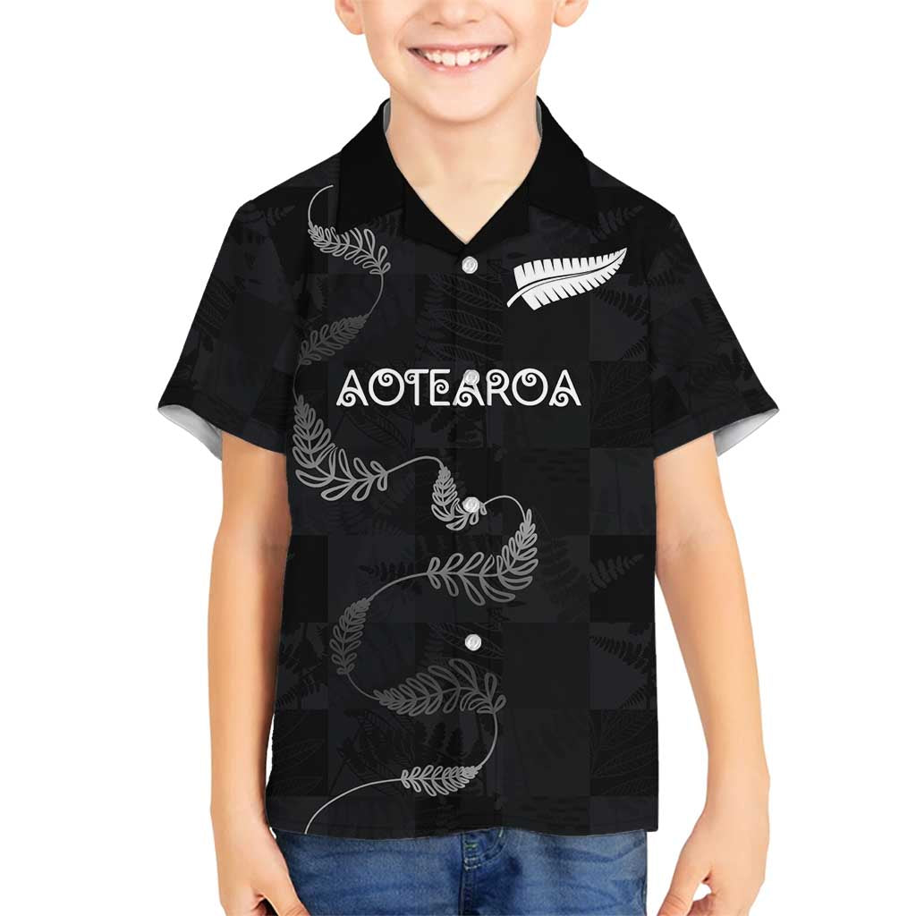 Custom New Zealand Rugby Family Matching Puletasi and Hawaiian Shirt All Silver Ferns Blacks LT03 Son's Shirt Black - Polynesian Pride
