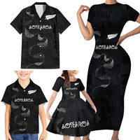 Custom New Zealand Rugby Family Matching Short Sleeve Bodycon Dress and Hawaiian Shirt All Silver Ferns Blacks LT03 - Polynesian Pride