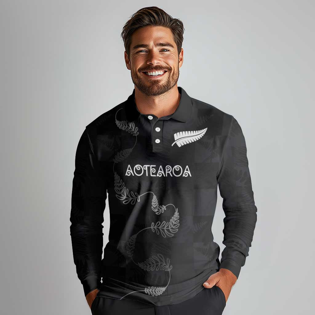 Custom New Zealand Rugby Long Sleeve Polo Shirt All Silver Ferns Blacks