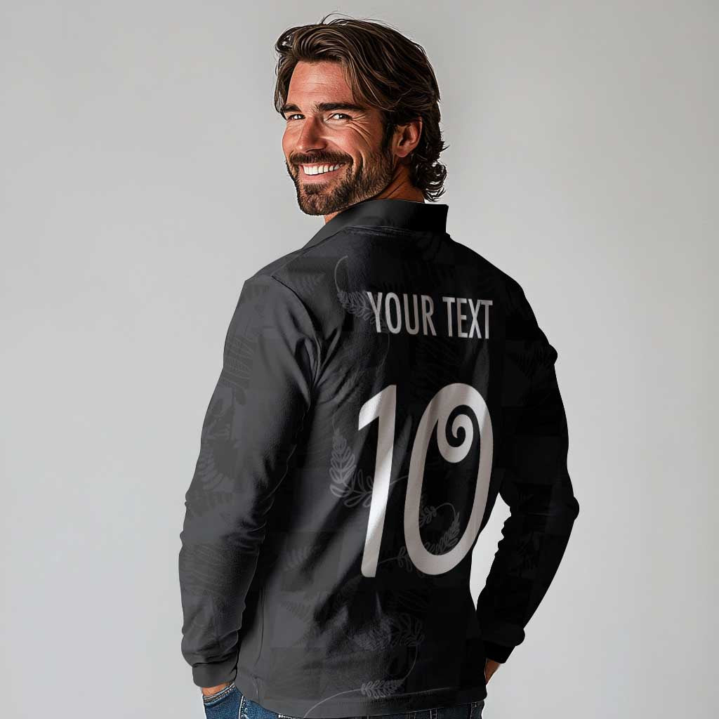 Custom New Zealand Rugby Long Sleeve Polo Shirt All Silver Ferns Blacks