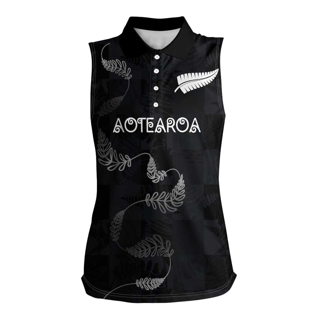 Custom New Zealand Rugby Women Sleeveless Polo Shirt All Silver Ferns Blacks LT03 Female Black - Polynesian Pride