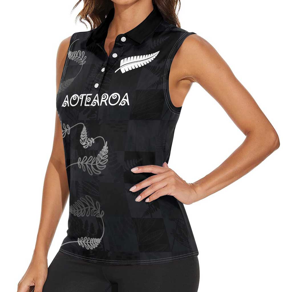 Custom New Zealand Rugby Women Sleeveless Polo Shirt All Silver Ferns Blacks LT03 - Polynesian Pride