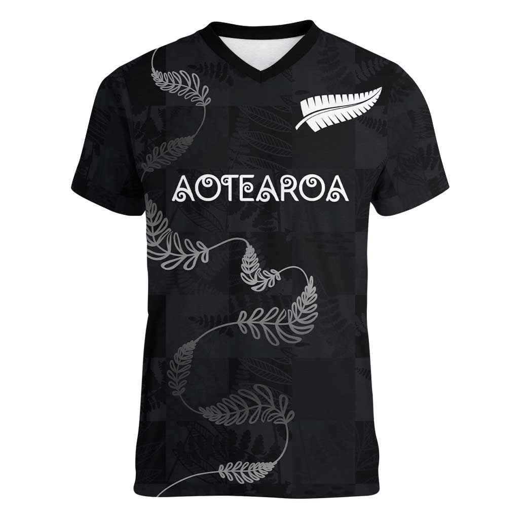 Custom New Zealand Rugby Women V-Neck T-Shirt All Silver Ferns Blacks LT03 Female Black - Polynesian Pride