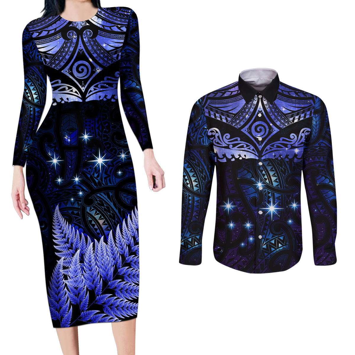 New Zealand Matariki Couples Matching Long Sleeve Bodycon Dress and Long Sleeve Button Shirt Maori Pattern and Matariki Sky Night LT03 Blue - Polynesian Pride
