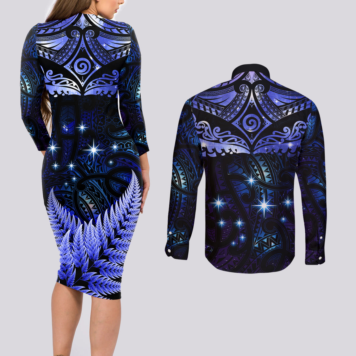 New Zealand Matariki Couples Matching Long Sleeve Bodycon Dress and Long Sleeve Button Shirt Maori Pattern and Matariki Sky Night LT03 - Polynesian Pride