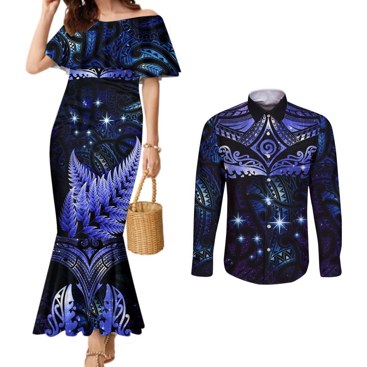 New Zealand Matariki Couples Matching Mermaid Dress and Long Sleeve Button Shirt Maori Pattern and Matariki Sky Night LT03 Blue - Polynesian Pride
