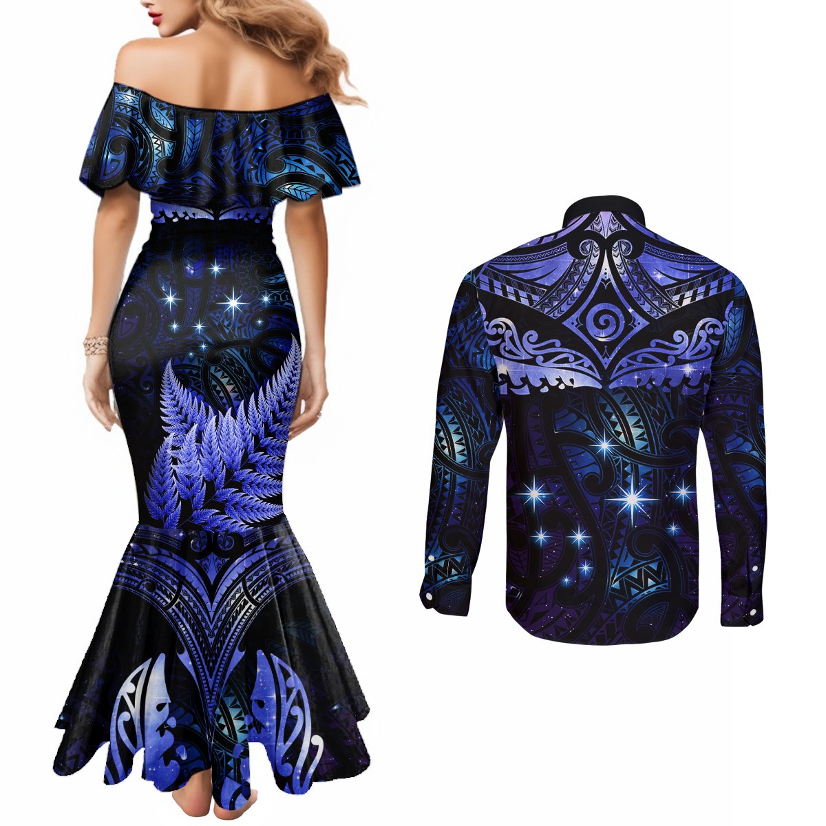 New Zealand Matariki Couples Matching Mermaid Dress and Long Sleeve Button Shirt Maori Pattern and Matariki Sky Night LT03 - Polynesian Pride